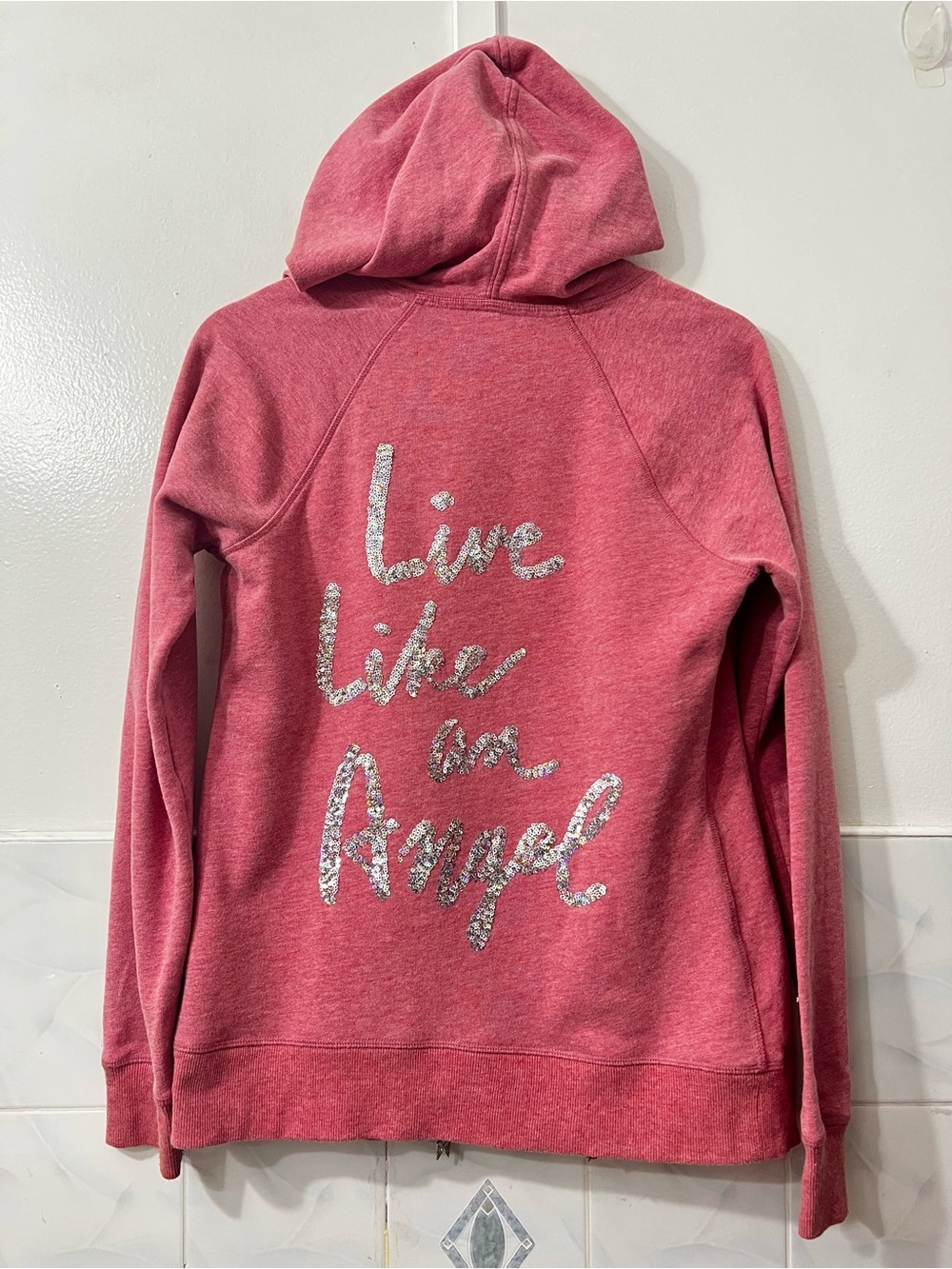 RARE Victoria Secret Live Like an Angel Sequin Hoodie Pink S Y2K Bling Bimbo